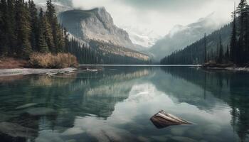 lugn reflexion av majestätisk berg i morän sjö genererad förbi ai foto