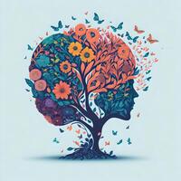 egenvård och mental wellness aning, mänsklig hjärna träd med blommor och fjärilar, optimistisk syn, och kreativ sinne, ai genererad foto