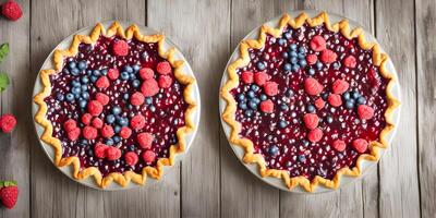 färsk blandad bär syrlig med blåbär, hallon, och jordgubbar på en trä- yta, topp se, ai genererad foto