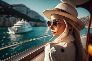 eleganta kvinna stående på en Yacht i de medelhavs hav ai genererad foto