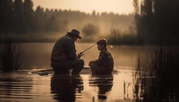 far och son fiske, fångst de solnedgång genererad förbi ai foto