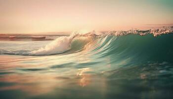 surfing män rida vågor på solnedgång strand genererad förbi ai foto