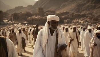 ett man gående med kamel i arabien genererad förbi ai foto