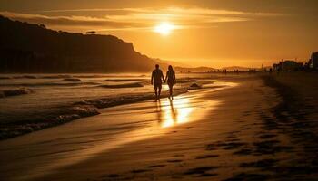 silhuett par gående på strand på solnedgång genererad förbi ai foto