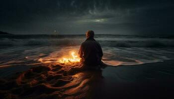 silhuett mediterar på vattnen kant, lugn scen genererad förbi ai foto