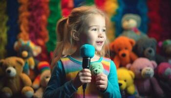 söt flicka spelar leksak, sång med mikrofon genererad förbi ai foto