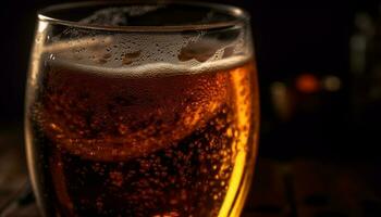 skummande öl släppa på kall glas tabell genererad förbi ai foto