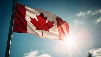 patriotisk lönn blad vinka i kanadensisk solljus genererad förbi ai foto
