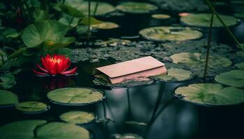 lotus blomma flytande på damm, symbol av andlighet och lugn genererad förbi ai foto