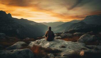 ett person mediterar på en sten, uppnå andlig lugn genererad förbi ai foto