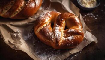 en rustik, hemlagad pretzel bakad på en trä- tabell genererad förbi ai foto