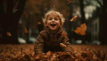 leende litet barn spelar i höst löv, njuter natur skönhet genererad förbi ai foto