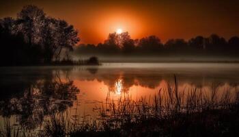 lugn solnedgång över vatten, reflekterande de skönhet i natur silhuett genererad förbi ai foto