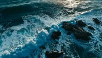 brytning vågor krascha mot klippig klippor, en lugn marinmålning skönhet genererad förbi ai foto
