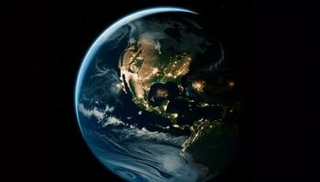 global kommunikation kretsande planet jord belysa de mörk stratosfär genererad förbi ai foto