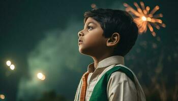 ett söt pojke stående utomhus, ser upp på upplyst natt genererad förbi ai foto