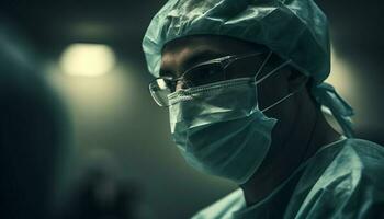 expert- kirurg i skyddande arbetskläder utför kirurgi med förtroende genererad förbi ai foto