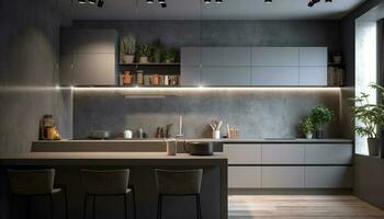 modern kök med marmor ö, rostfri stål vitvaror, och elegant design genererad förbi ai foto