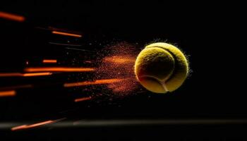 framgångsrik tennis boll träffar antända vibrerande flamma i mörk studio genererad förbi ai foto