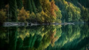 lugn scen av höst skog speglar vibrerande naturlig skönhet genererad förbi ai foto
