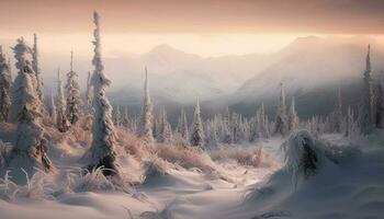 lugn soluppgång över snö capped berg räckvidd, en vinter- sagoland äventyr genererad förbi ai foto