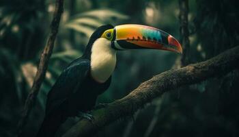 vibrerande toucan perching på gren, skönhet i natur färger genererad förbi ai foto