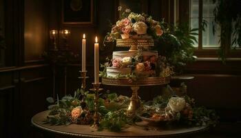 en lyxig bröllop firande med gourmet desserter, levande ljus, och elegans genererad förbi ai foto