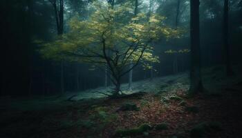 de läskigt skog i höst, en mysterium av natur skönhet genererad förbi ai foto