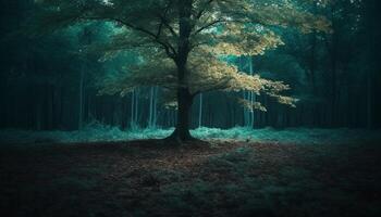 de läskigt skog i höst, en mysterium i de mörk genererad förbi ai foto