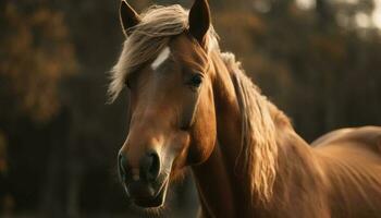 en bukt fullblod häst betar i en lugn solnedgång äng genererad förbi ai foto