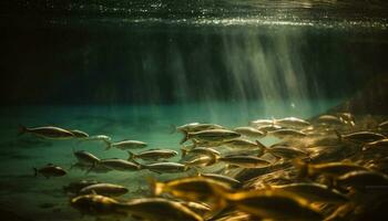 en lugn scen av under vattnet skönhet en skola av fisk genererad förbi ai foto