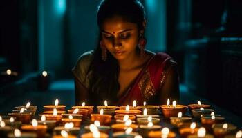 ett ung kvinna mediterar, innehav ljus, lysande med andlighet genererad förbi ai foto