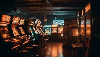 modern kasino industri upplyst förbi lysande dator monitorer och belysning Utrustning genererad förbi ai foto