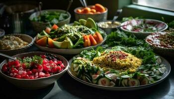 färsk gourmet sallad skål med organisk grönsaker, kokta quinoa, och avokado sås genererad förbi ai foto