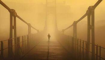 en enslig figur promenader de gångbro, försvinnande in i natur mysterium genererad förbi ai foto