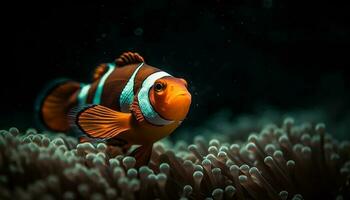 vibrerande clown fisk simma i mång färgad rev, under vattnet skönhet genererad förbi ai foto