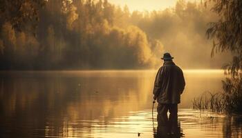 en ensam fiskare står i lugn scen, njuter fritid aktivitet genererad förbi ai foto