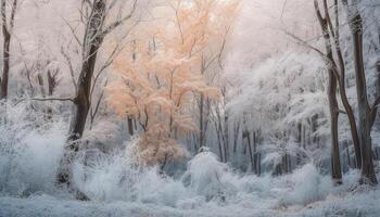 en lugn scen av en barr- träd i vinter- mysterium genererad förbi ai foto