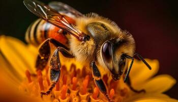 en upptagen bi samlar pollen från en enda gul blomma genererad förbi ai foto