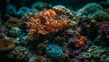 djup hav äventyr färgrik rev och vatten- djur i rörelse genererad förbi ai foto