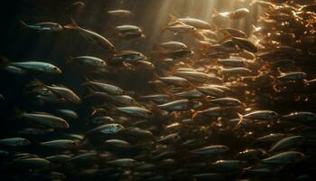 en skola av mång färgad fisk simma i de djup blå genererad förbi ai foto