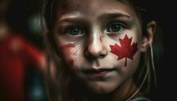 söt kanadensisk flicka visar patriotism med ansikte måla och flagga genererad förbi ai foto
