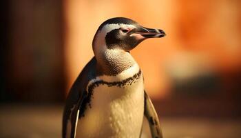 stänga upp porträtt av en söt gentoo pingvin vaggande på is genererad förbi ai foto