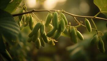 färsk grön löv på en gren, natur tillväxt i sommar genererad förbi ai foto