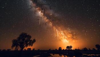 mjölkig sätt tänds de natt himmel, en naturlig fenomen lysande genererad förbi ai foto