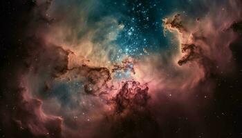 natt himmel glöder med mång färgad nebulosa i djup Plats genererad förbi ai foto