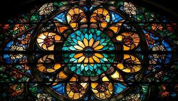 medeltida katedral utsmyckad färgade glas fönster belysa andlighet och historia genererad förbi ai foto