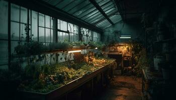 övergiven växthus i gammal fabrik, Nej människor, natur tillväxt frånvarande genererad förbi ai foto
