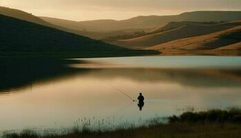 en fiskare står i lugn vatten, njuter de solnedgång genererad förbi ai foto