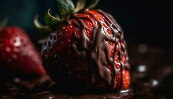 saftig bär efterrätt med färsk jordgubbar och mörk choklad flathet genererad förbi ai foto